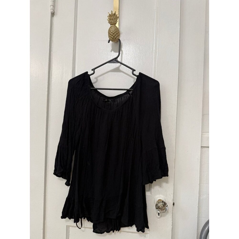 Style & Co Black Crinkle Texture Long Sleeve Blouse
